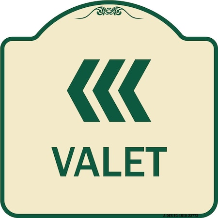 Signmission Designer Series Valet Left Arrow, Tan & Green Heavy-Gauge Aluminum Sign, 18" x 18", TG-1818-22772 A-DES-TG-1818-22772